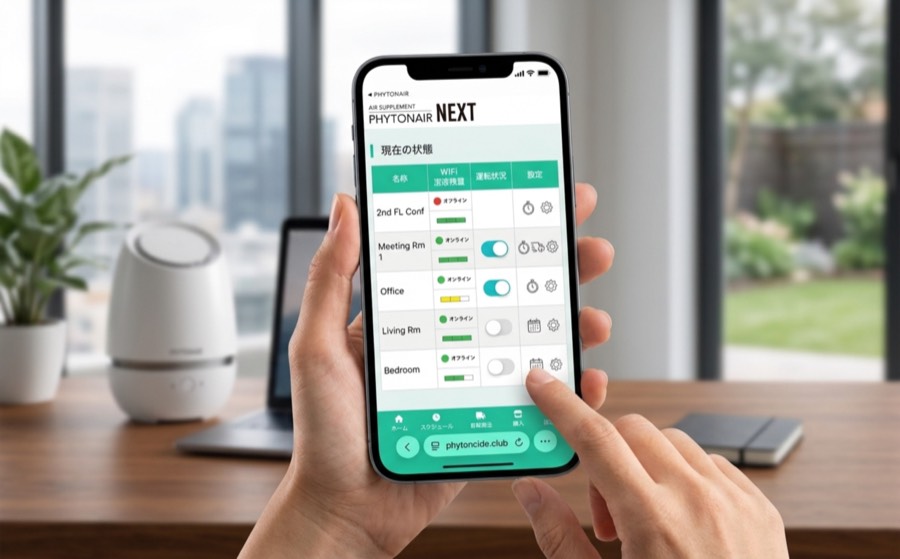 スマートフォンの専用アプリでフィトンエアー NEXT を操作する画面