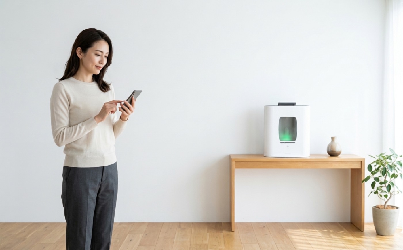 離れた場所からスマートフォンでフィトンエアー NEXT を操作する様子